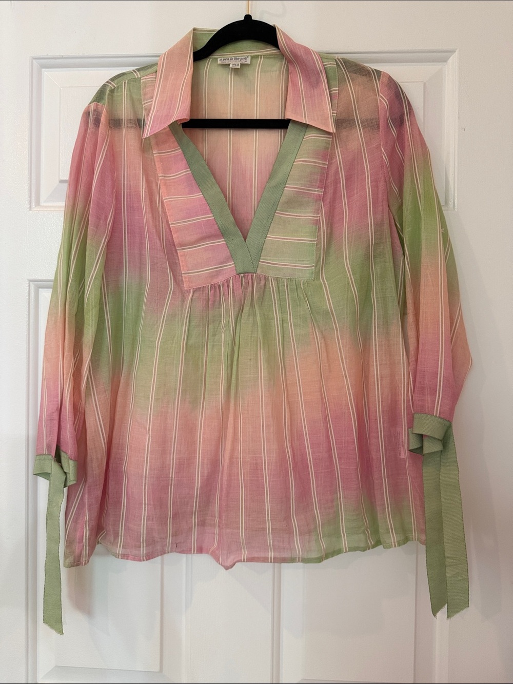 A Pea in the Pod Pink and Green Striped V-Neck Blouse